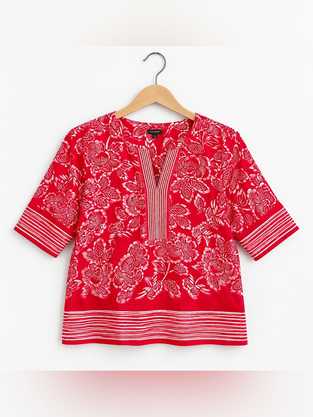 Like New Talbots Red Floral Split-Neck Tunic Top